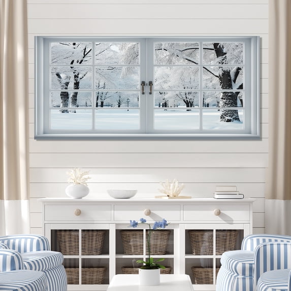 Designart "Winter Forest View from Window I" Oversized Landscapes Wall Art - Traditional White Winter Landscape Bedroom Canvas Wall Art