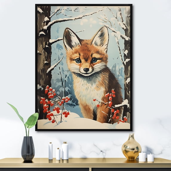 Designart "Winter Fox Adventure in Forest Scene" Animals Framed Wall Art - Traditional Brown Fox Bedroom Framed Canvas Wall Art