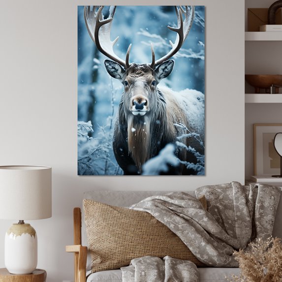 Designart "Winter Frost with Blue White Moose" Animals Wall Art Living Room