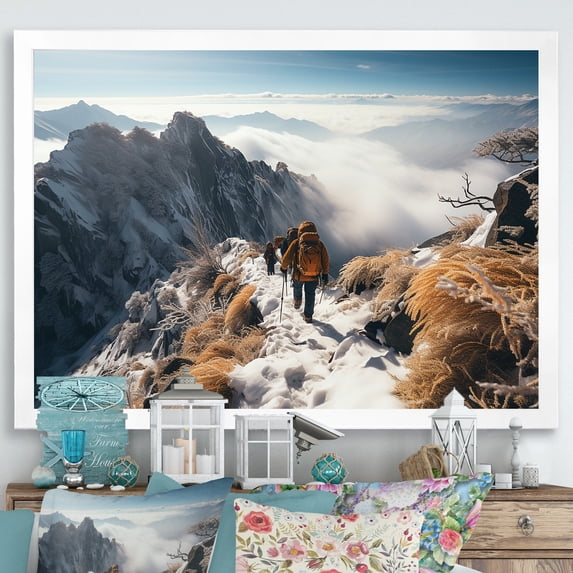 Designart "Winter Hiking Track in the Mountains II" Sports Framed Wall Art Decor - Modern White Hiking Hallway Framed Wall Art Decor