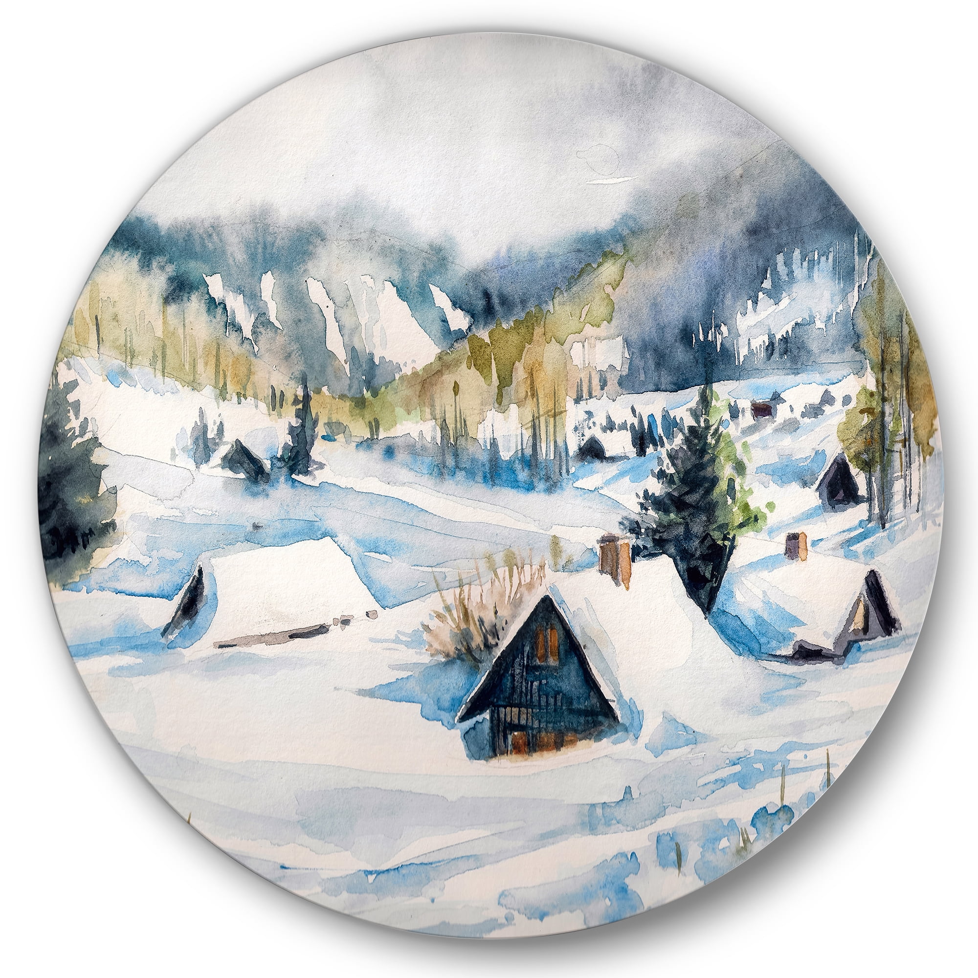 Designart 'Winter In Mountain Village' Traditional Circle Metal Wall Art 11x11 - Disc of 11