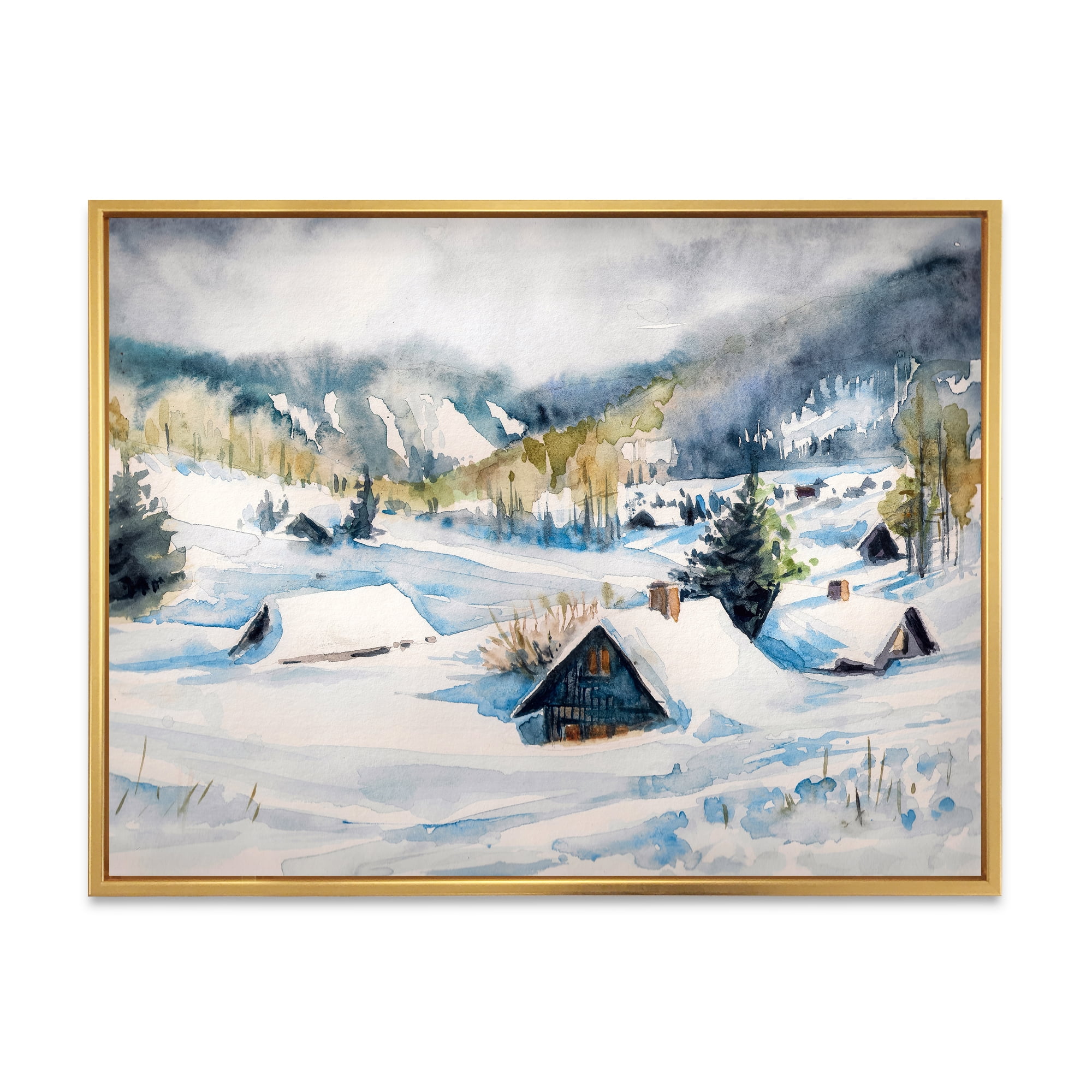 Designart 'Winter In Mountain Village' Traditional Framed Canvas Wall Art Print