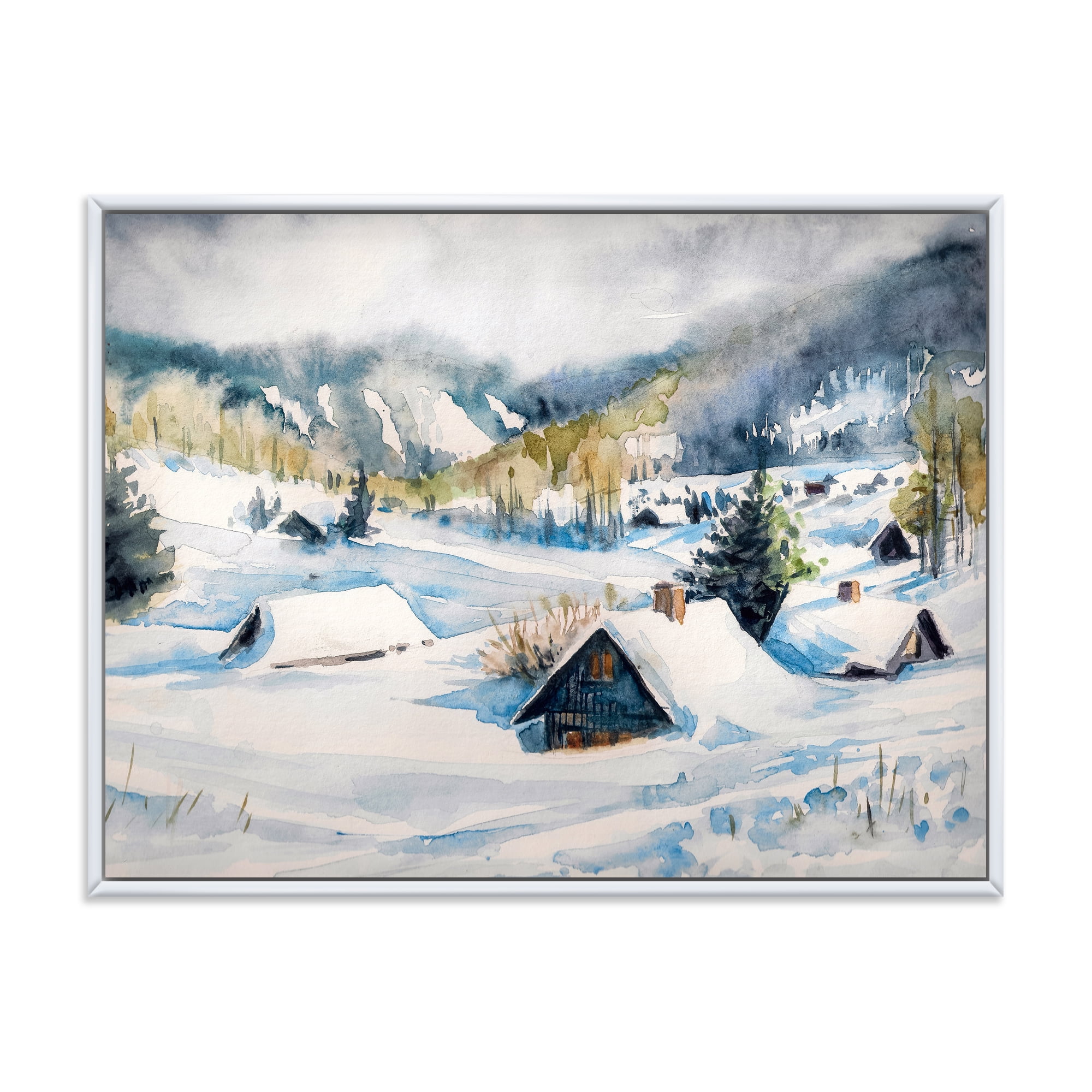 Designart 'Winter In Mountain Village' Traditional Framed Canvas Wall Art Print