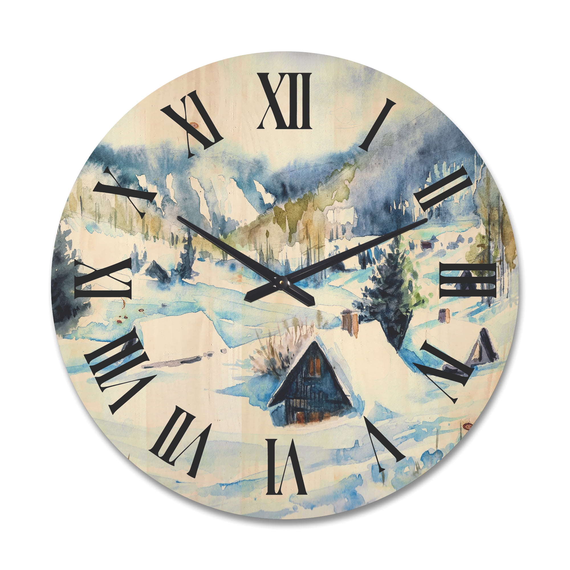 Designart 'Winter In Mountain Village' Traditional Wood Wall Clock