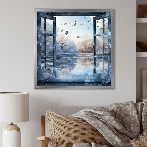 Designart "Winter Lake View from Window" Landscapes Framed Wall Art Decor - Traditional Blue Winter Landscape Entryway Framed Wall Art