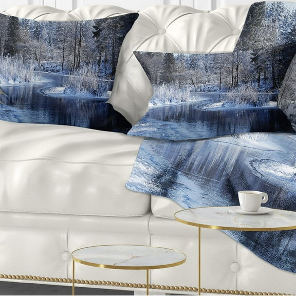 Designart Winter Lake in Deep Forest - Landscape Printed Throw Pillow - 12x20