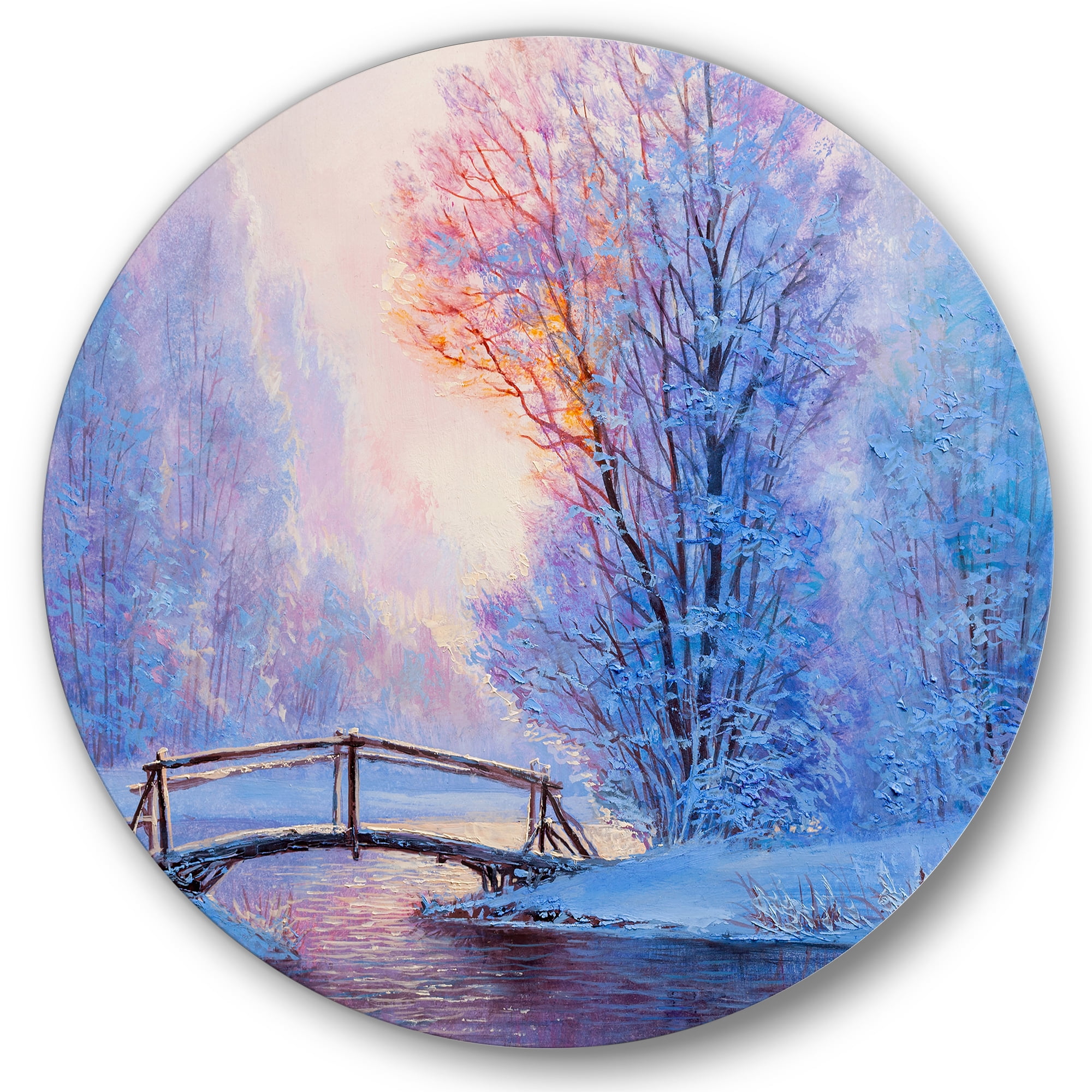 Designart 'Winter Landscape With A Bridge and A River' Lake House Circle Metal Wall Art 23x23 - Disc of 23