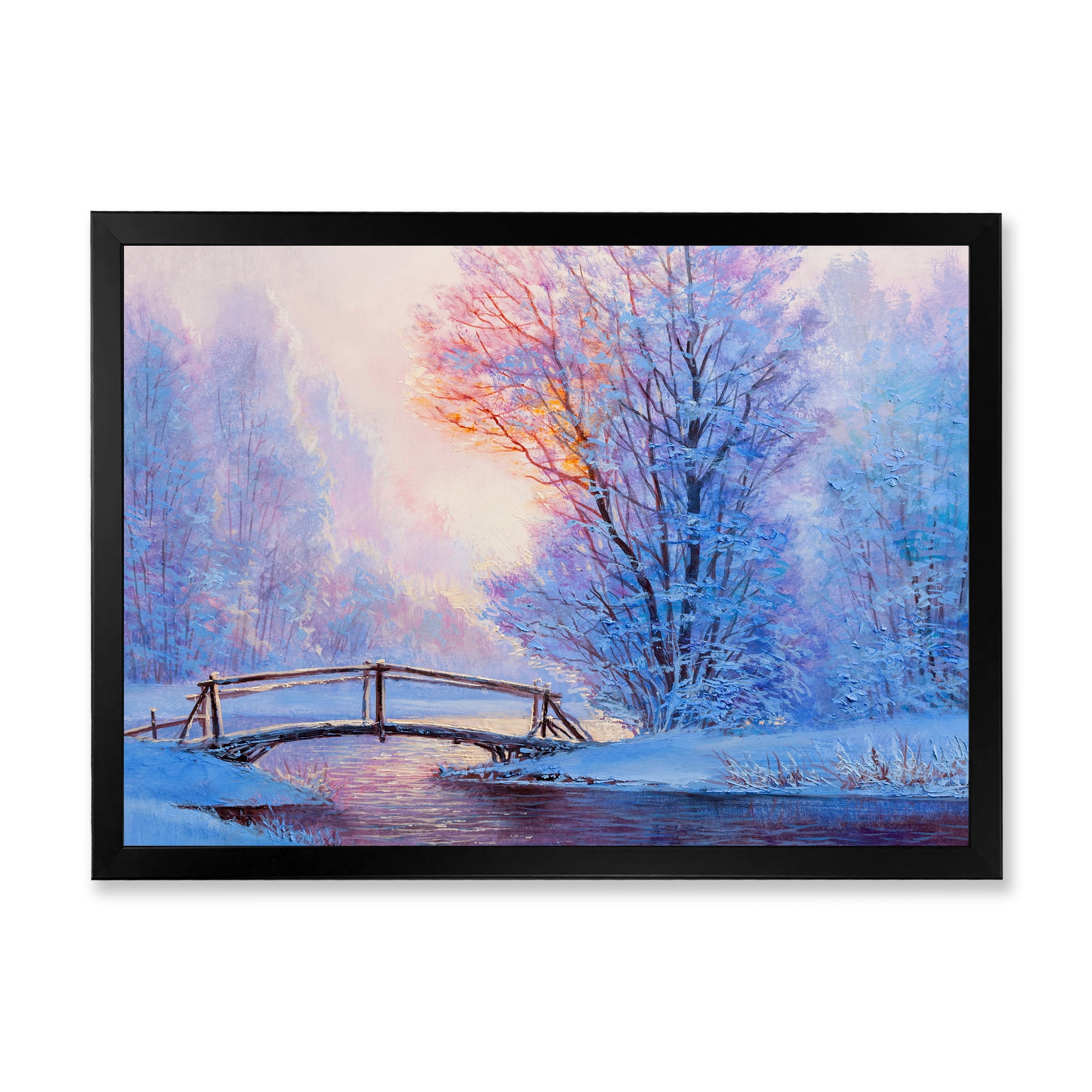 Designart 'Winter Landscape With A Bridge and A River' Lake House Framed Art Print