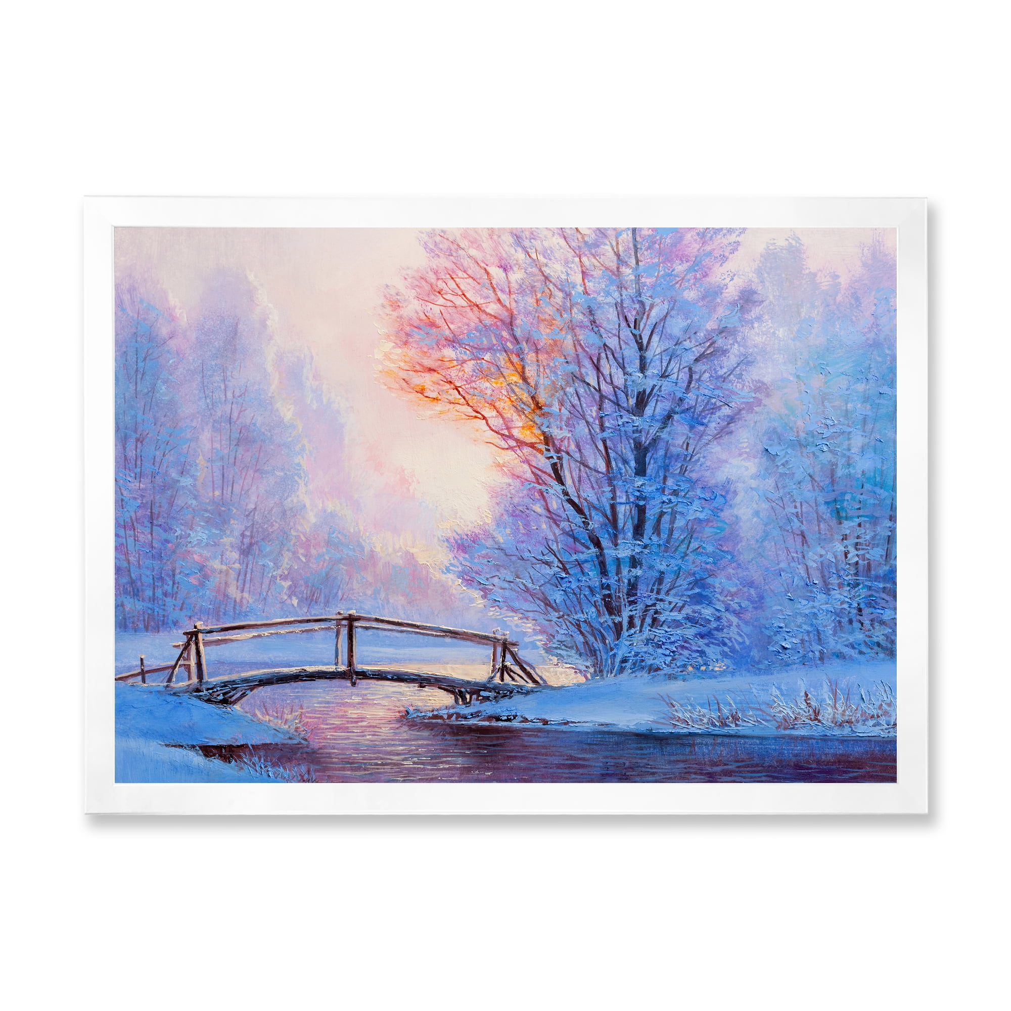 Designart 'Winter Landscape With A Bridge and A River' Lake House Framed Art Print