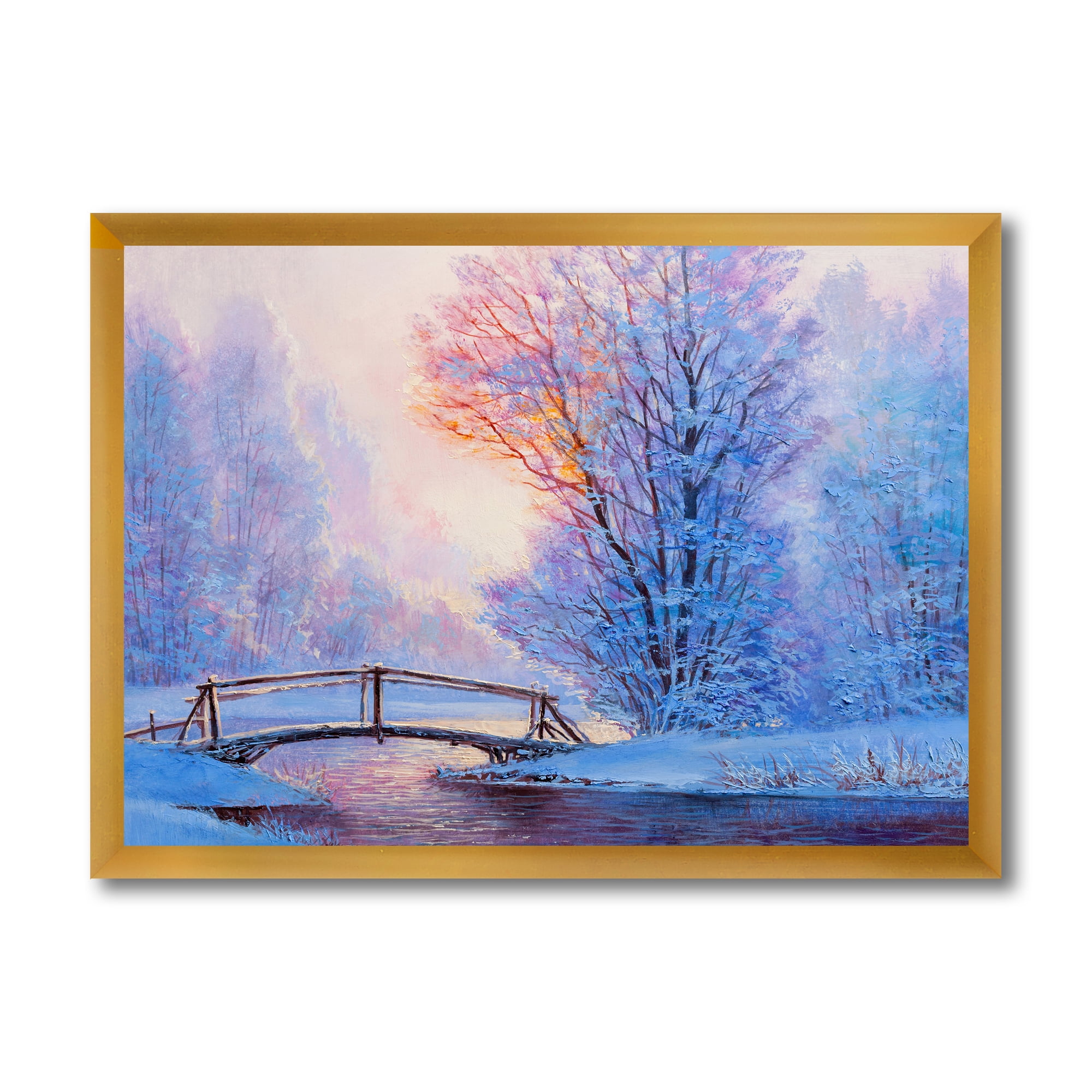 Designart 'Winter Landscape With A Bridge and A River' Lake House Framed Art Print