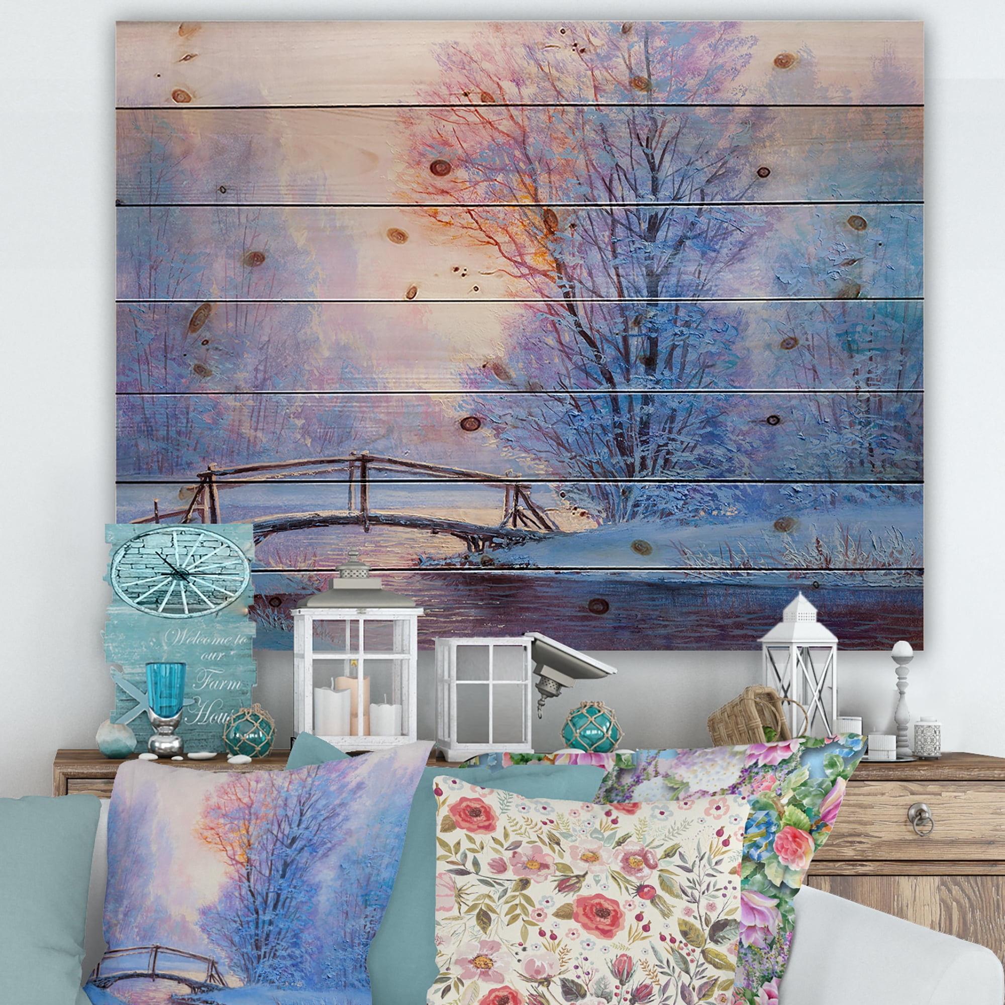 Designart 'Winter Landscape With A Bridge and A River' Lake House Print on Natural Pine Wood