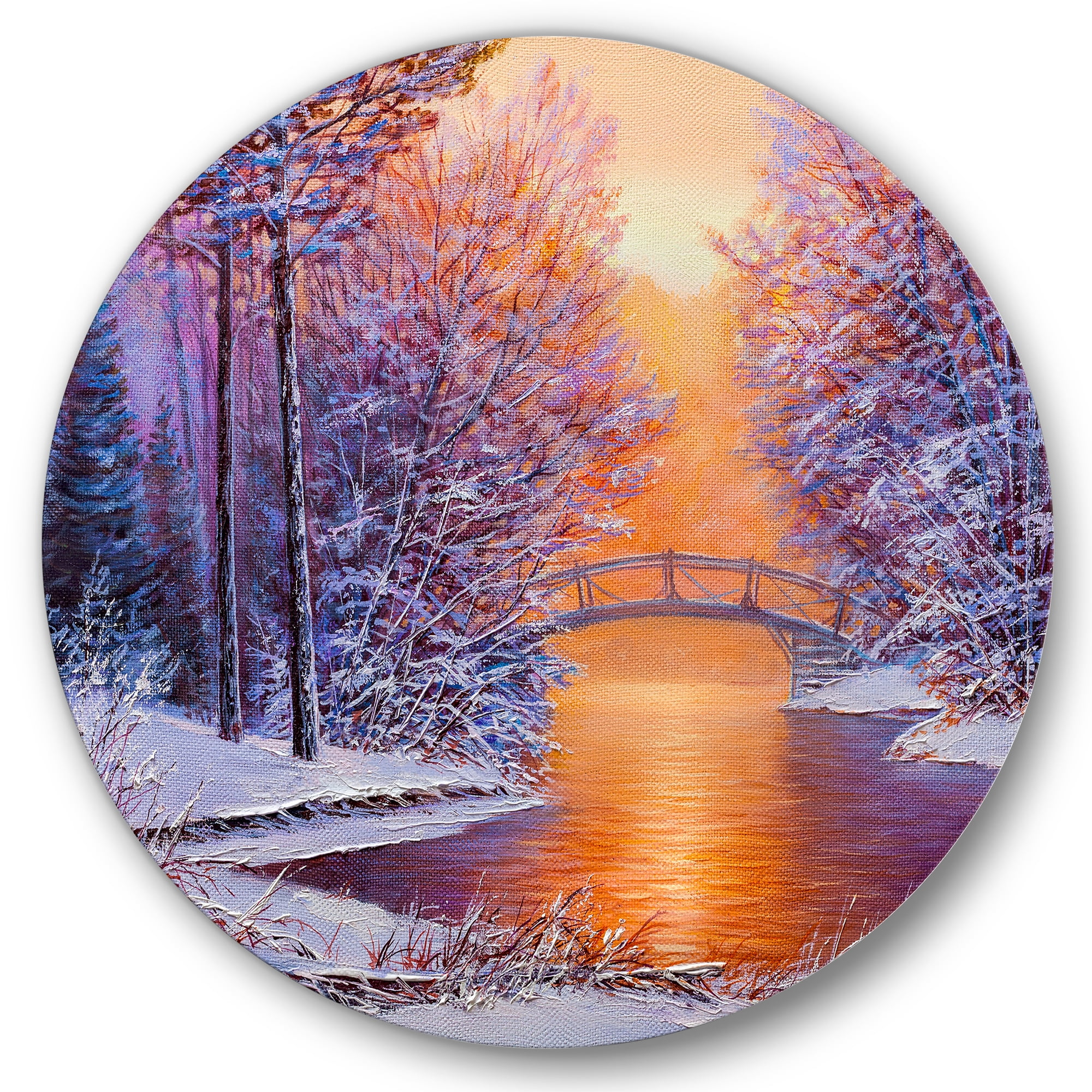 Designart 'Winter Landscape With Bridge Over The River' Traditional Circle Metal Wall Art 11x11 - Disc of 11