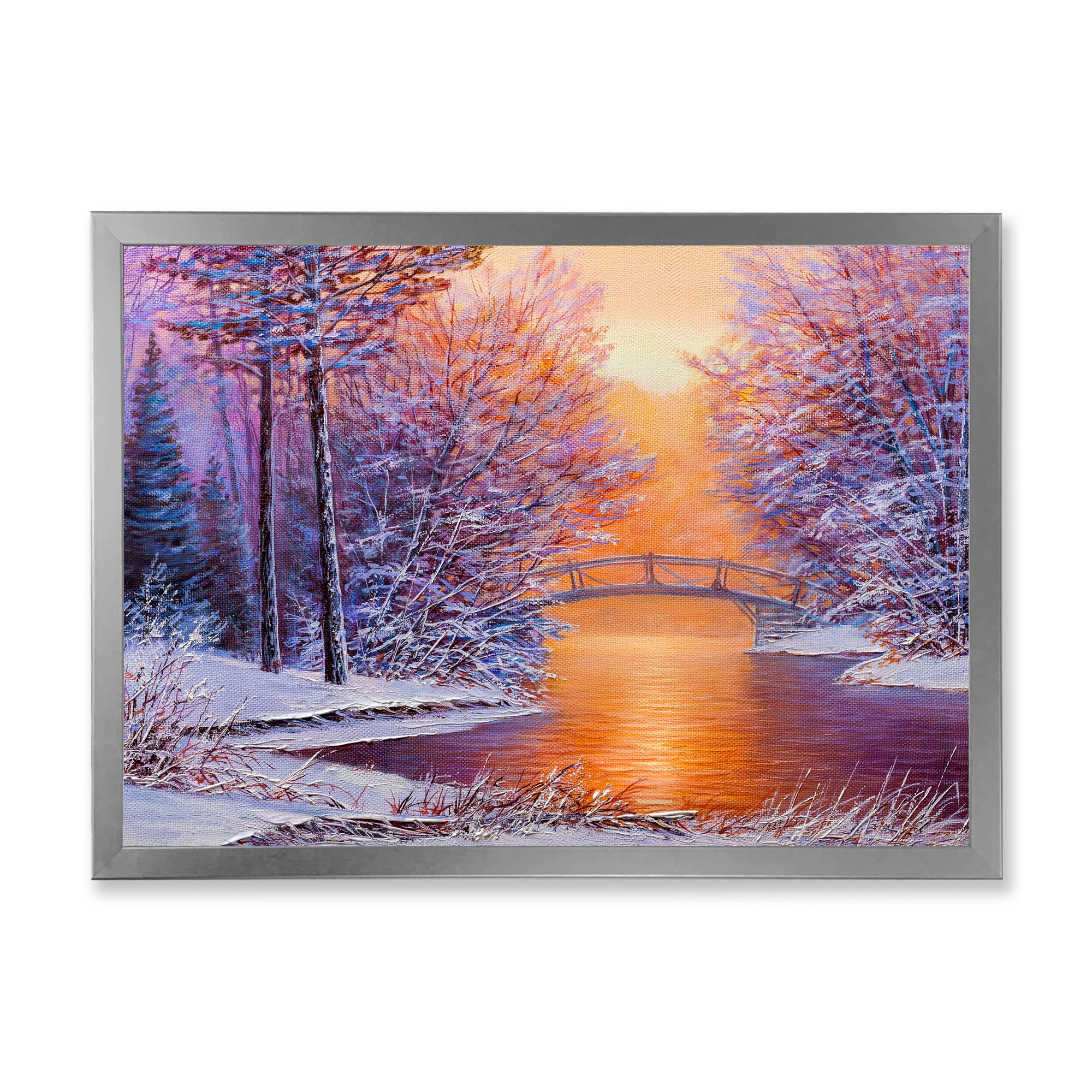Designart 'Winter Landscape With Bridge Over The River' Traditional Framed Art Print