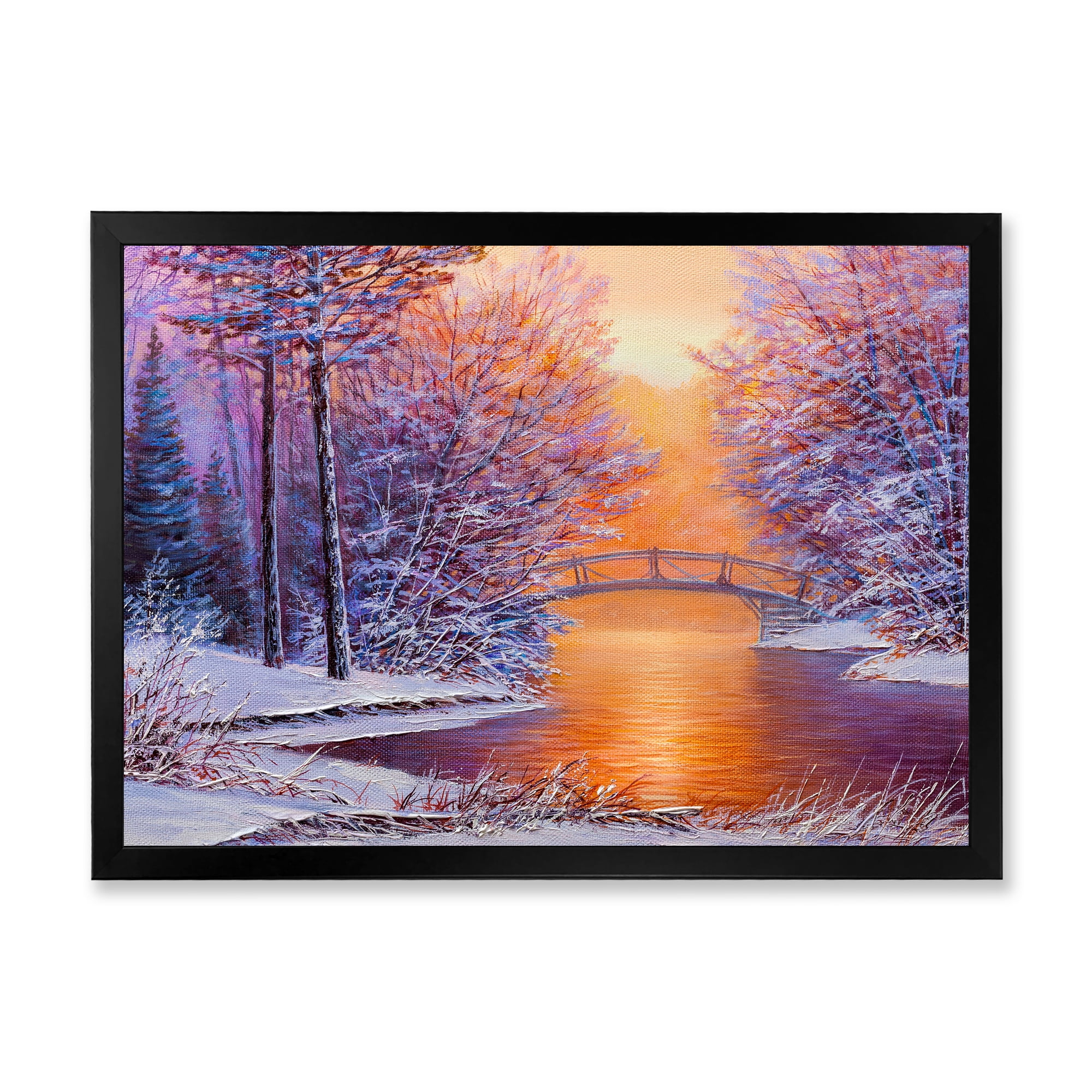 Designart 'Winter Landscape With Bridge Over The River' Traditional Framed Art Print