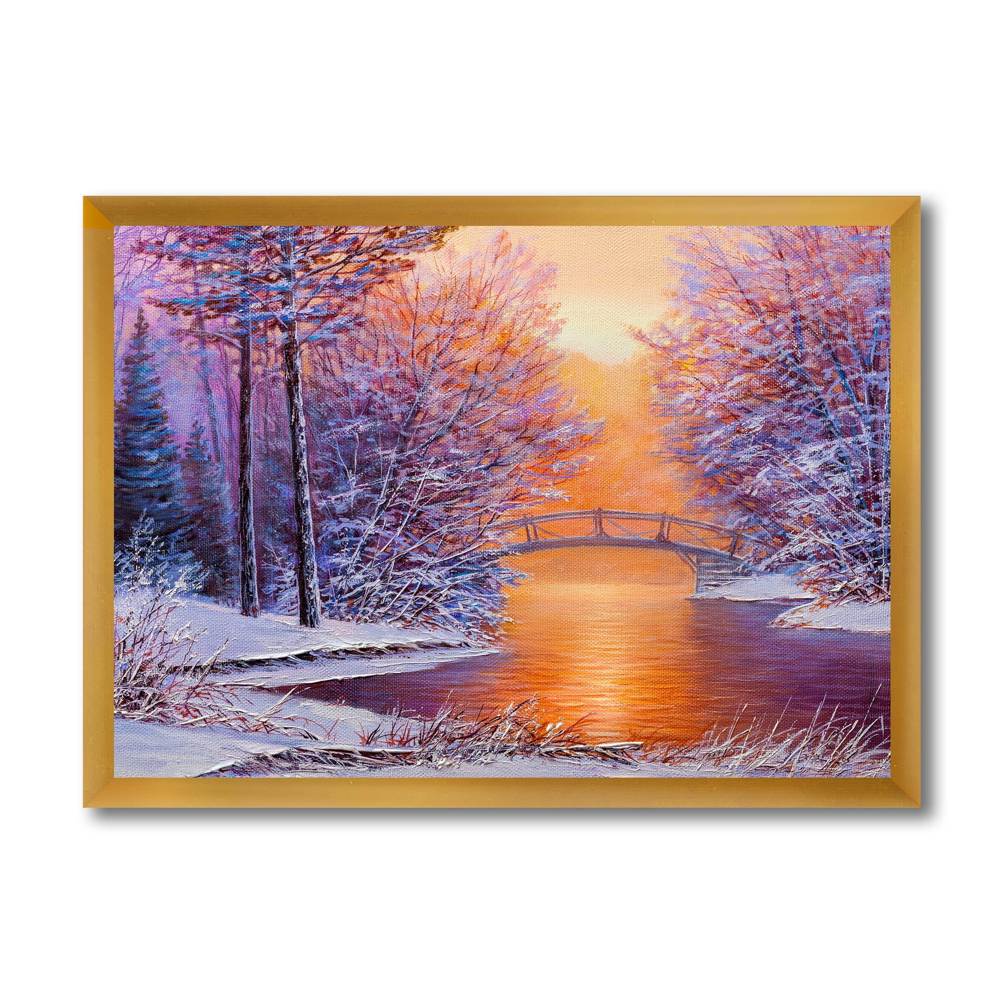Designart 'Winter Landscape With Bridge Over The River' Traditional Framed Art Print