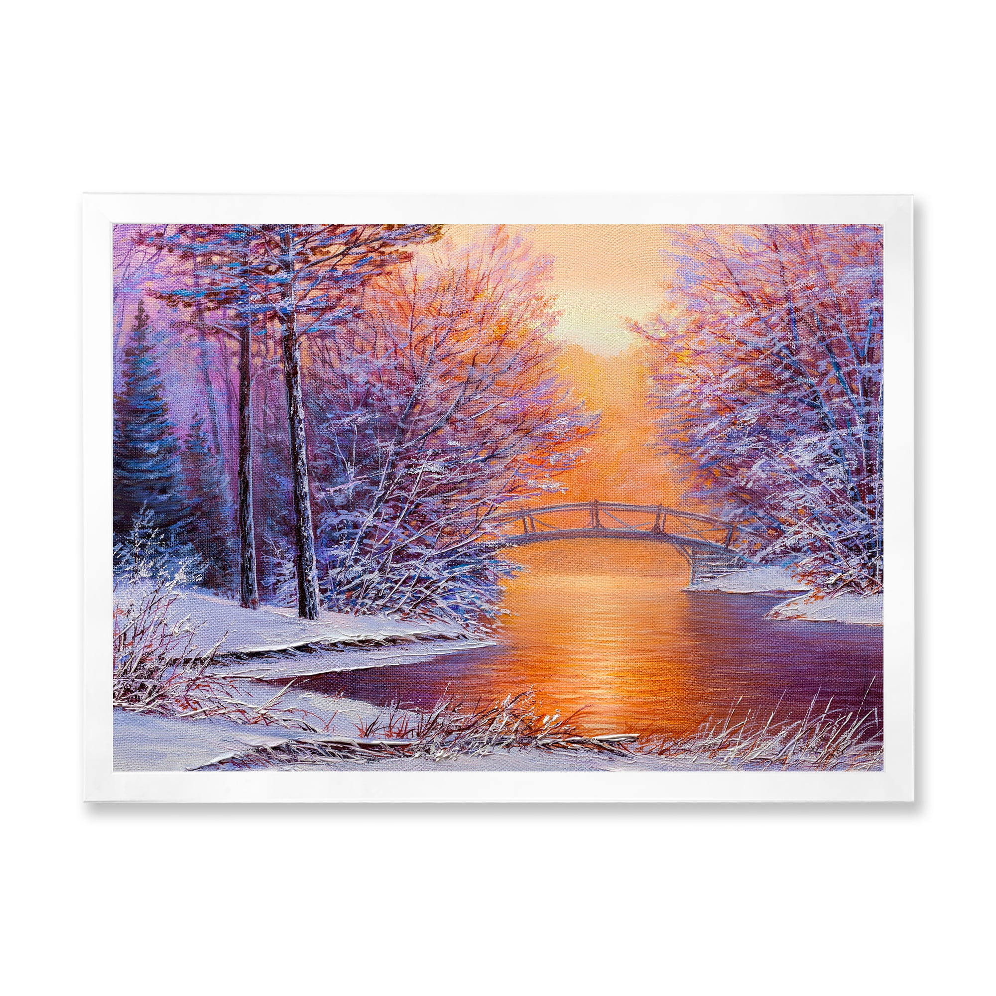 Designart 'Winter Landscape With Bridge Over The River' Traditional Framed Art Print