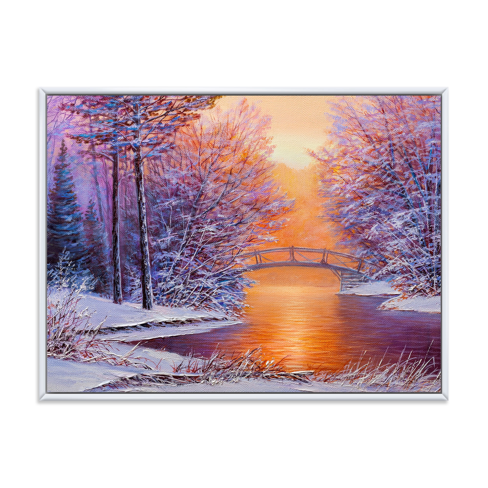 Designart 'Winter Landscape With Bridge Over The River' Traditional Framed Canvas Wall Art Print