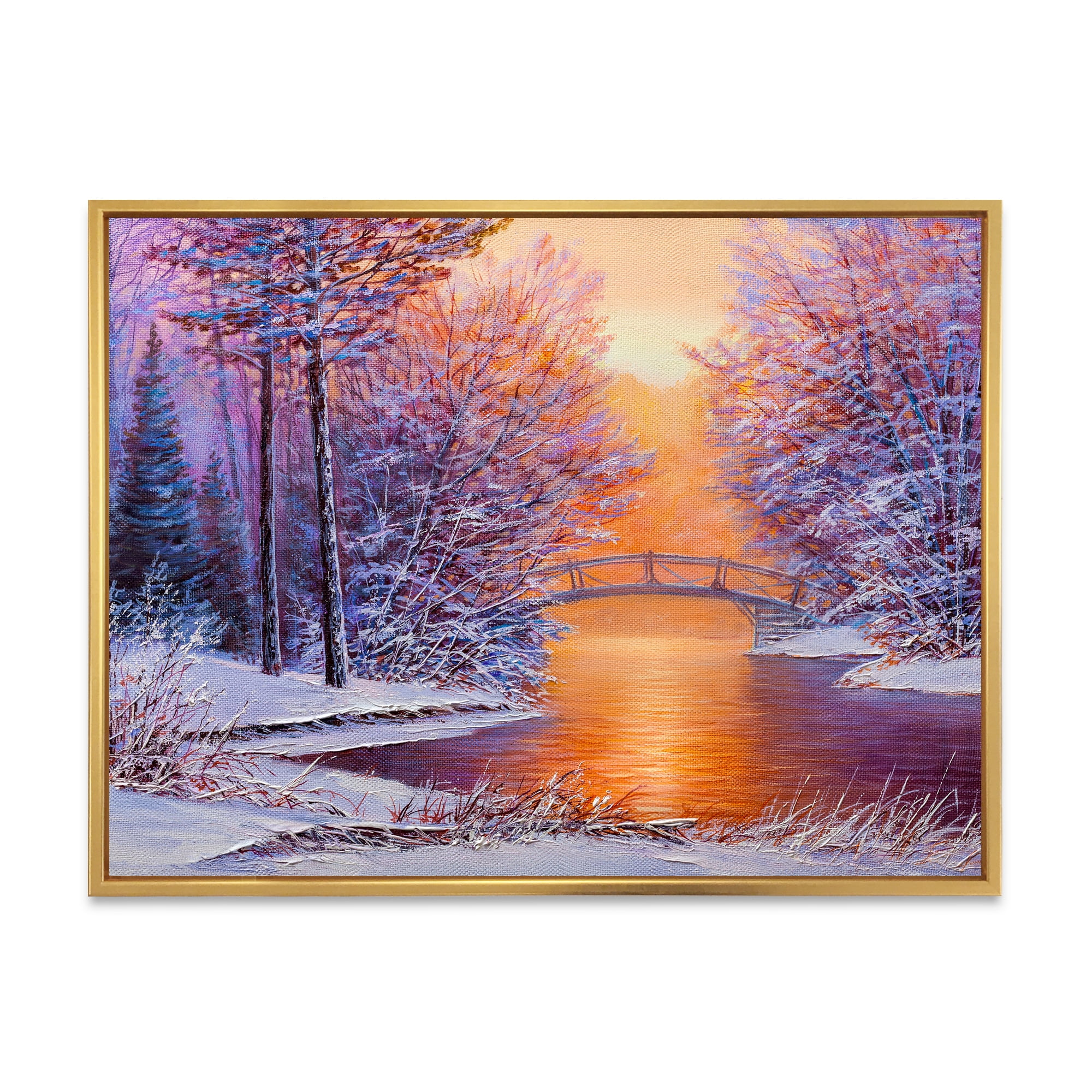 Designart 'Winter Landscape With Bridge Over The River' Traditional Framed Canvas Wall Art Print