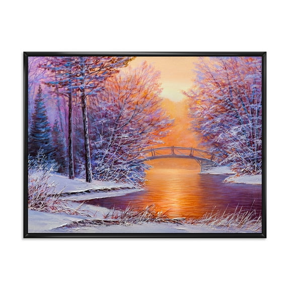 Designart 'Winter Landscape With Bridge Over The River' Traditional Framed Canvas Wall Art Print
