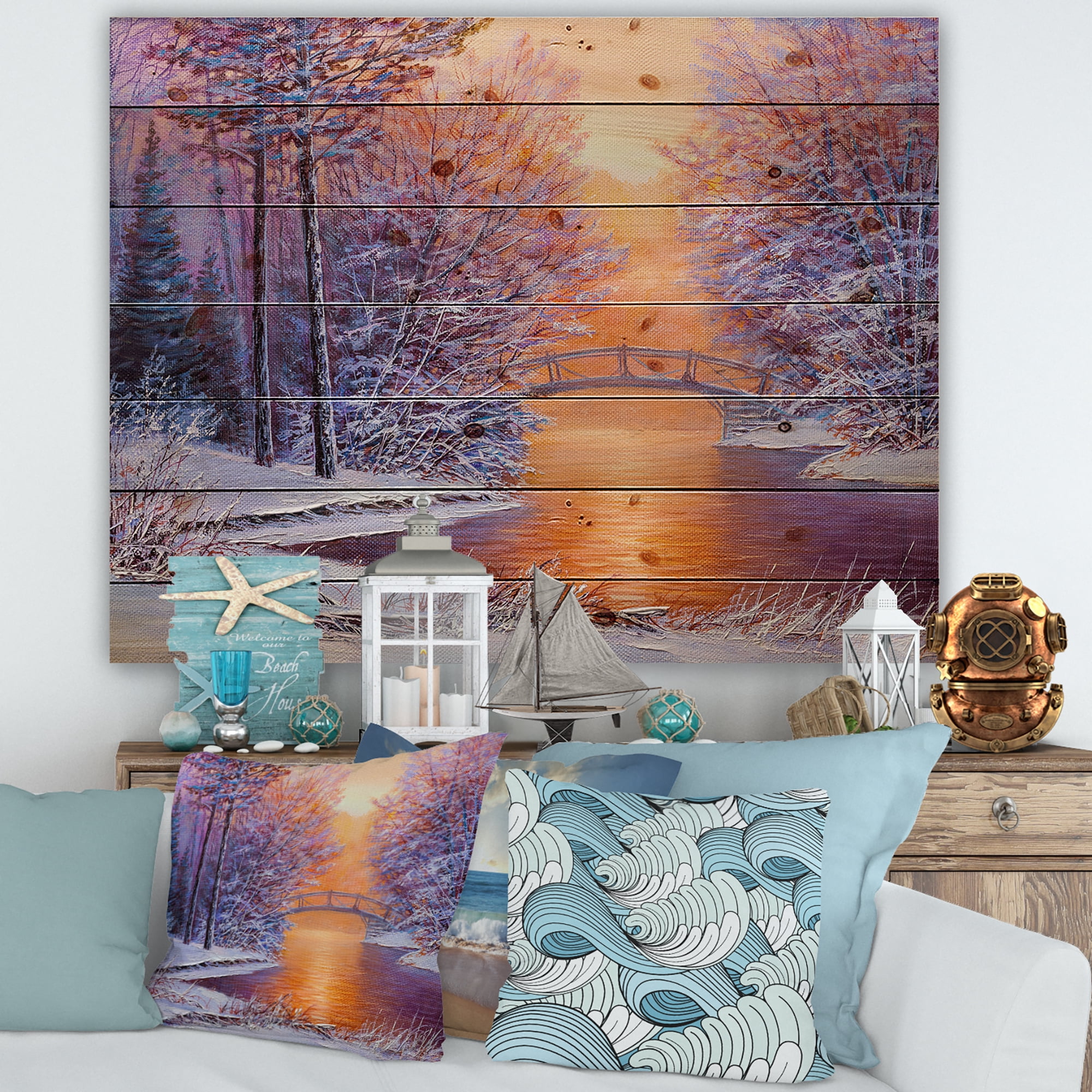 Designart 'Winter Landscape With Bridge Over The River' Traditional Print on Natural Pine Wood