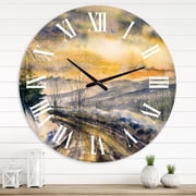 Designart Winter Landscape With Road Under Bright Sunset Traditional Wall Clock