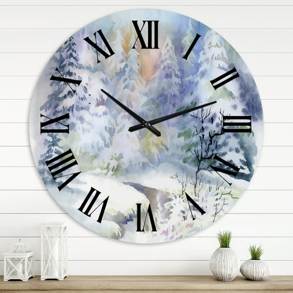 Designart 'Winter Landscape With Snowy River I' Traditional Wall Clock