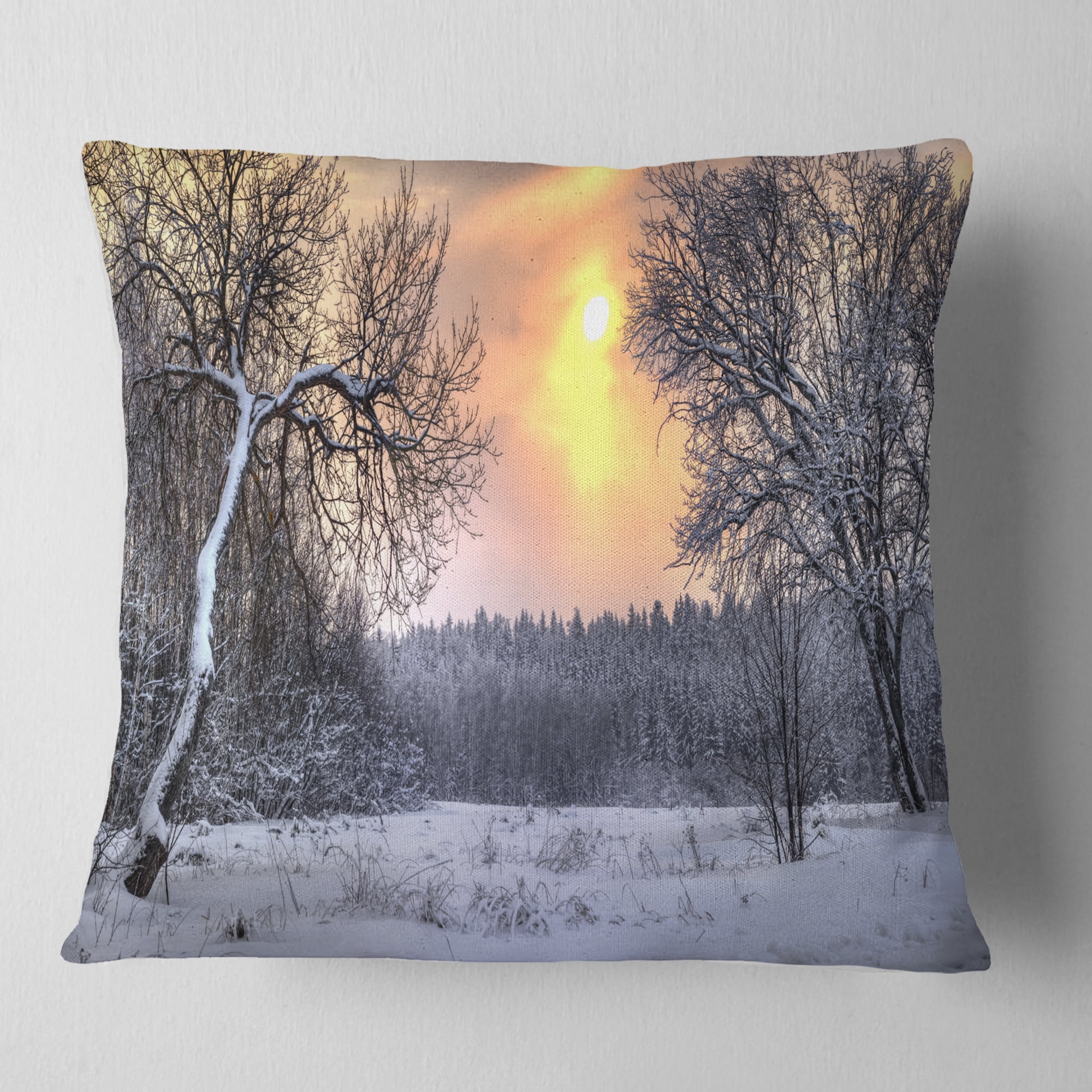 Designart Winter Landscape with Yellow Sun - Landscape Printed Throw Pillow - 16x16