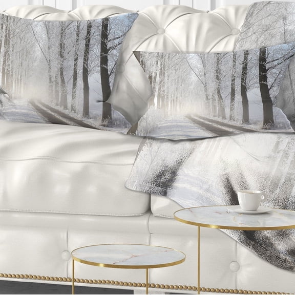 Designart Winter Lane in Foggy Morning - Landscape Photo Throw Pillow - 12x20