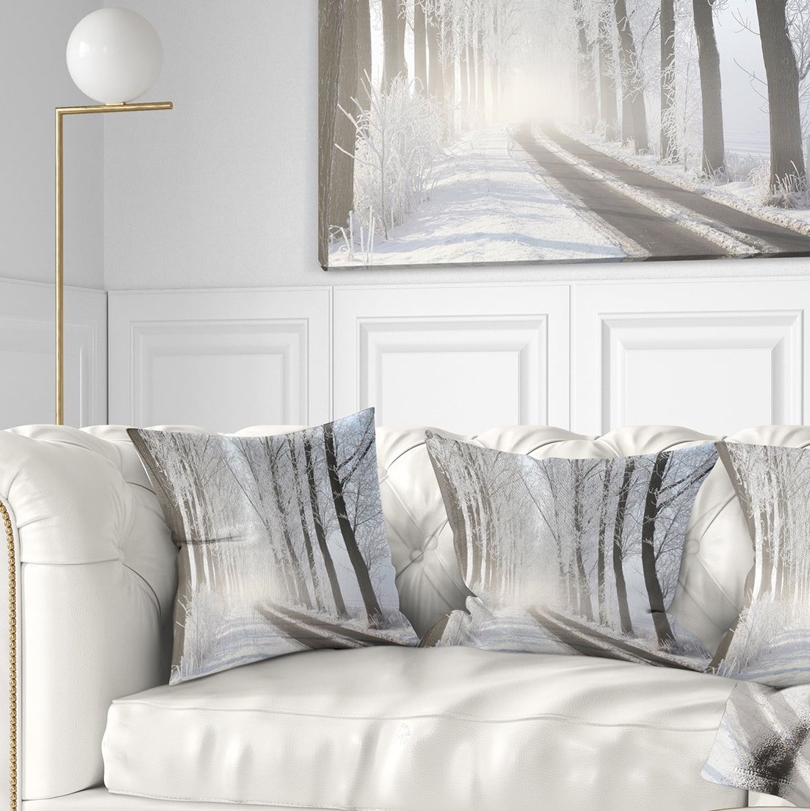 Designart Winter Lane in Foggy Morning - Landscape Photo Throw Pillow - 18x18