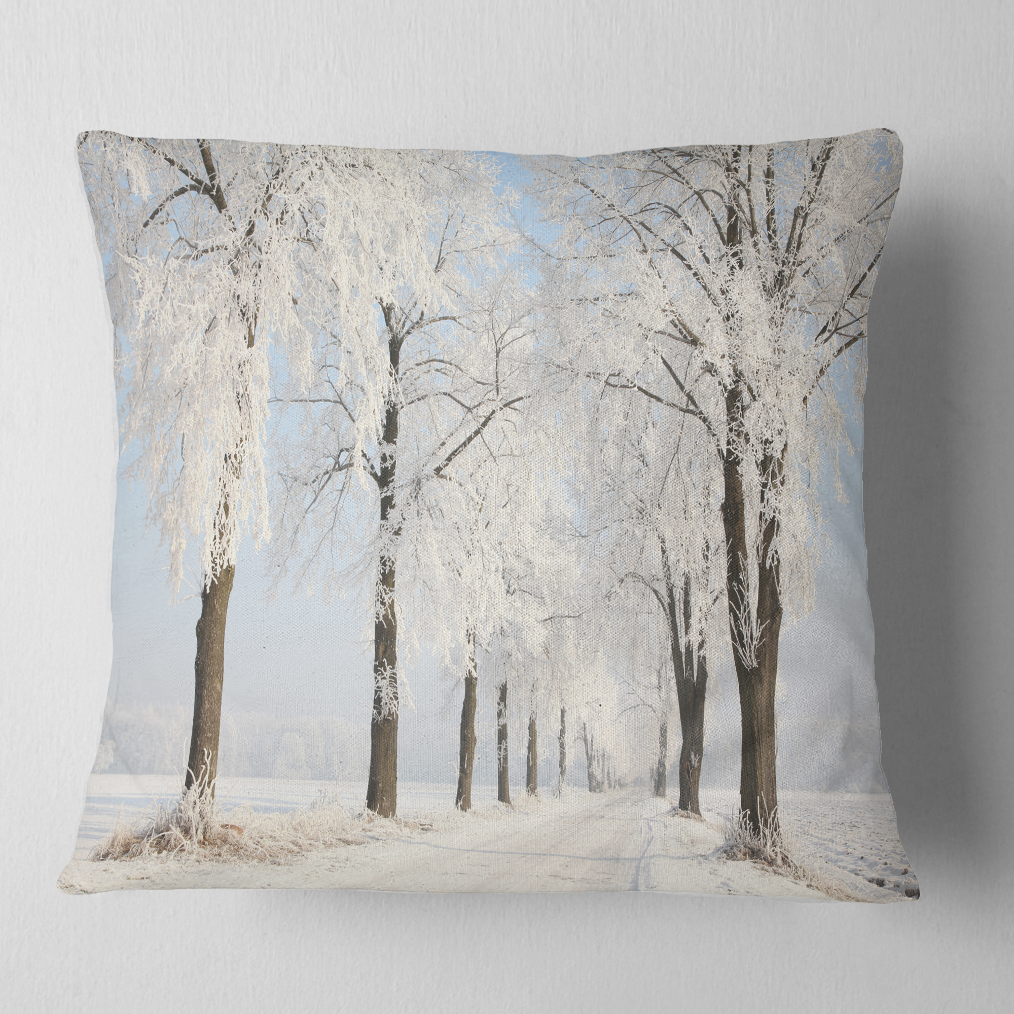 Designart Winter Lane on Sunny Morning - Forest Throw Pillow - 18x18