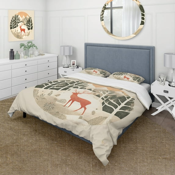 Designart "Winter Majesty Deer in the Woods I" Animal Landscape Bedding Covert Set - Animals Cream Children's Art Bed Set With 1 Sham