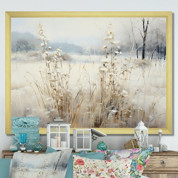 Designart "Winter Meadow View A Scene of Calmness I" Landscapes Framed Wall Art Decor - Traditional Grey Meadow Living Room Framed Canvas Art