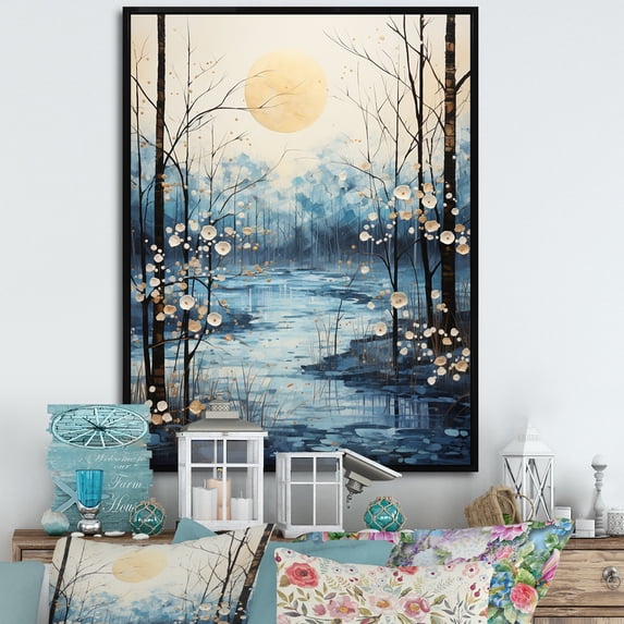 Designart "Winter Moonrise Birch Woods II" Floral Floater Framed Wall Decor