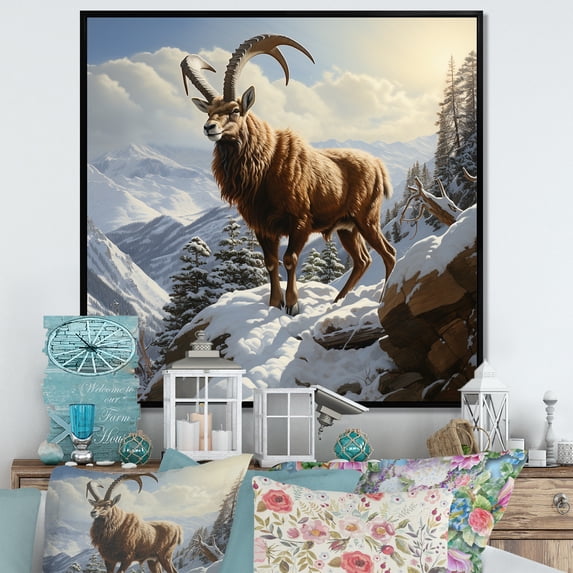 Designart "Winter Mountain Adventure of Minimalist Goat" Animals Framed Wall Art - Traditional Brown Goat Entryway Framed Wall Art Print