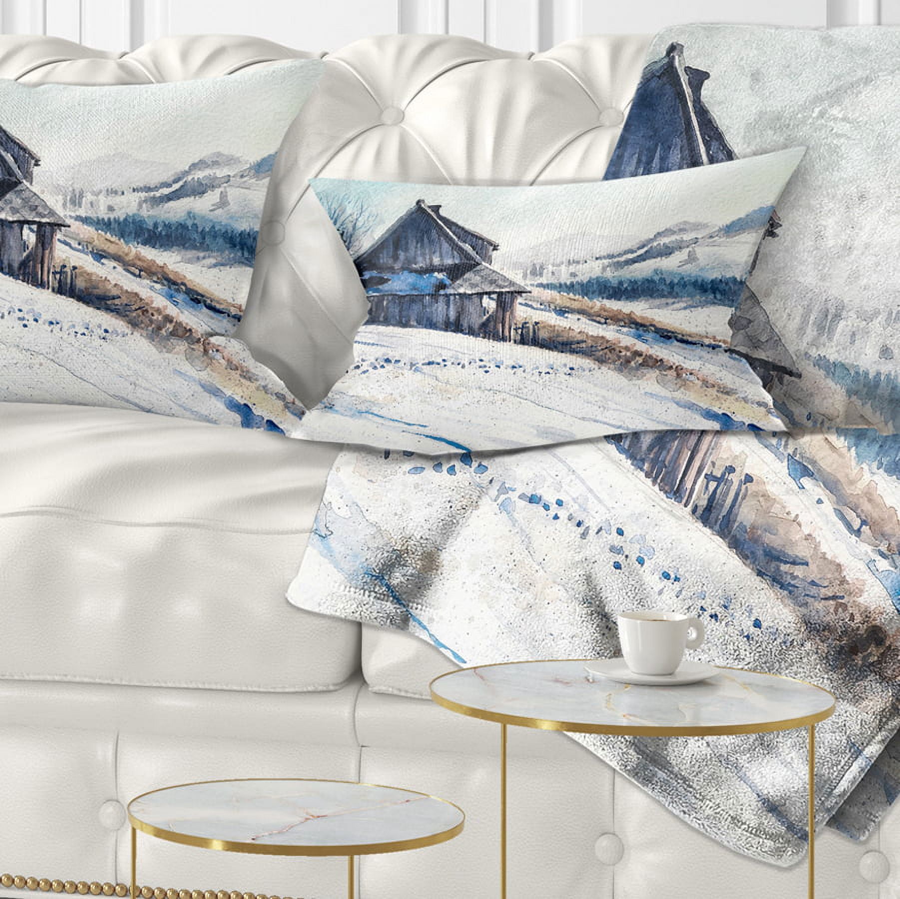 Designart Winter Mountains Watercolor - Landscape Painting Throw Pillow - 12x20