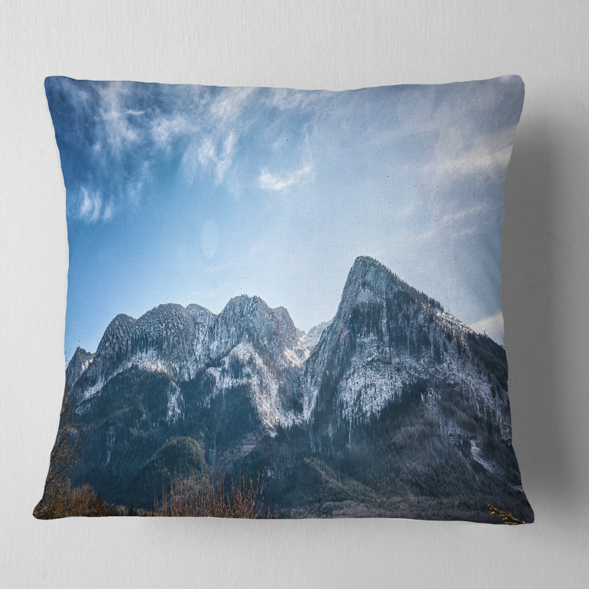 Designart Winter Mountains with Sun Flare - Landscape Printed Throw Pillow - 18x18