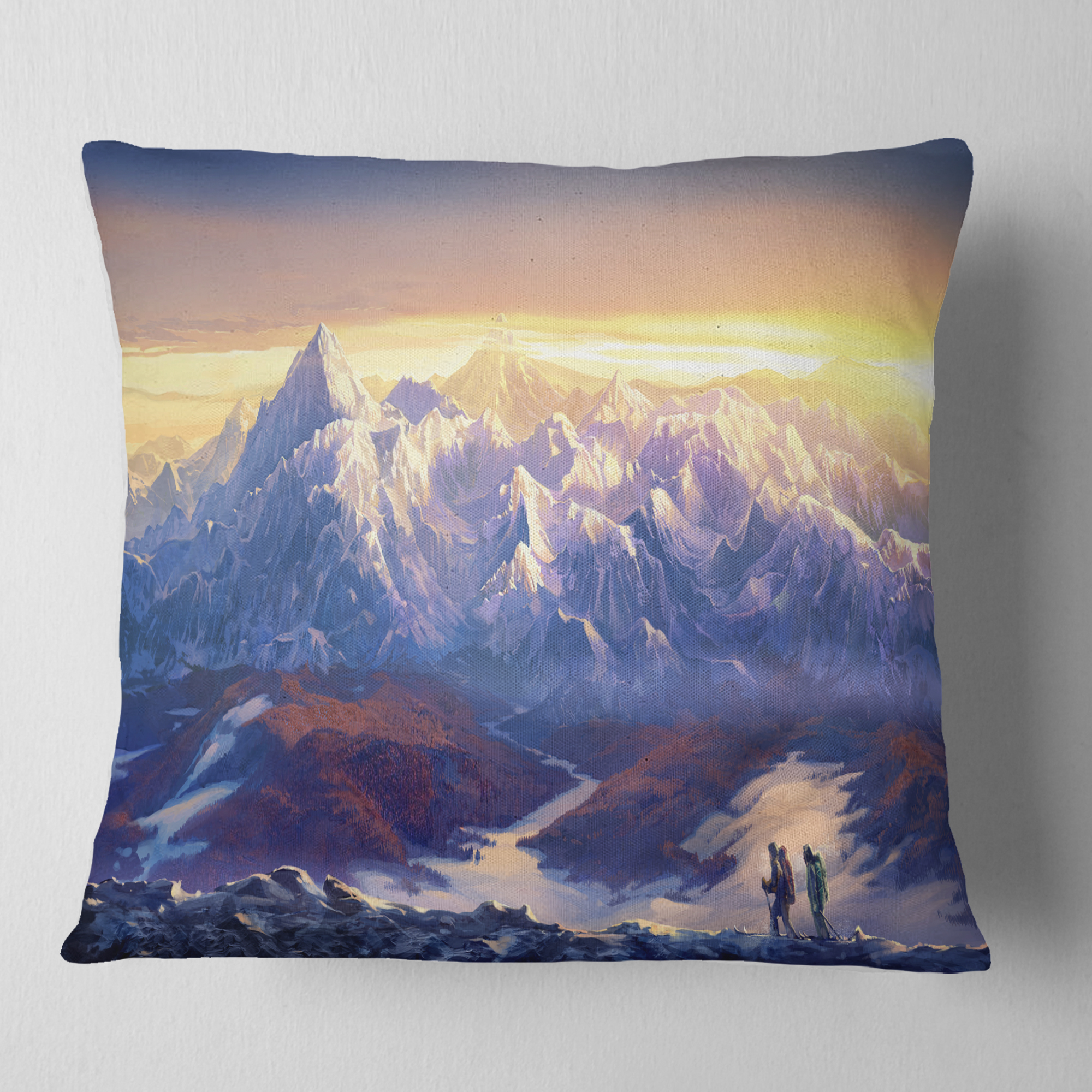 Designart Winter Mountains with Tourists - Landscape Printed Throw Pillow - 16x16