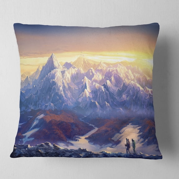 Designart Winter Mountains with Tourists - Landscape Printed Throw Pillow - 16x16