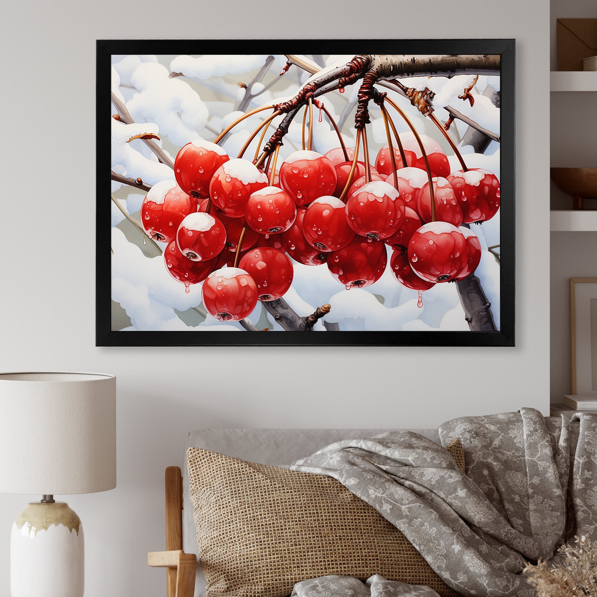 Designart "Winter Red Cherry Tree Majesty" Floral Framed Wall Art Decor
