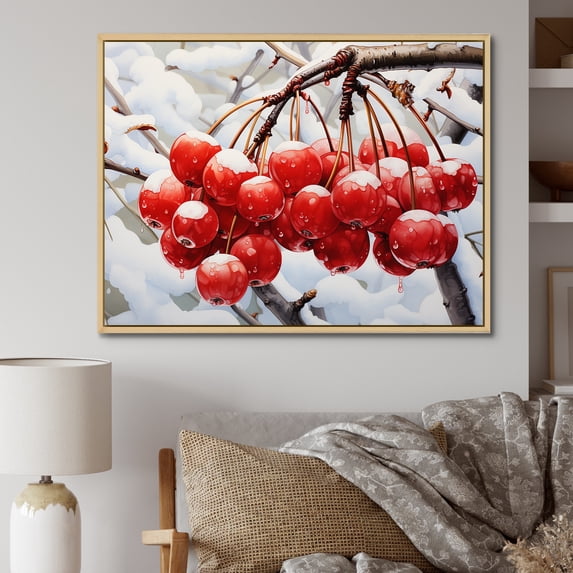 Designart "Winter Red Cherry Tree Majesty" Floral Framed Wall Art - Traditional Red Cherry Hallway Framed Wall Art Decor