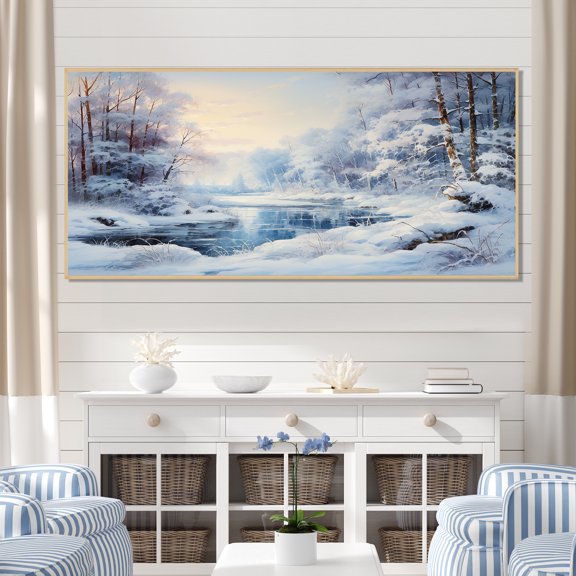 Designart "Winter River View from Window II" Extra Large Landscapes Framed Wall Art - Traditional White Winter Landscape Bedroom Framed Canvas Wall Art