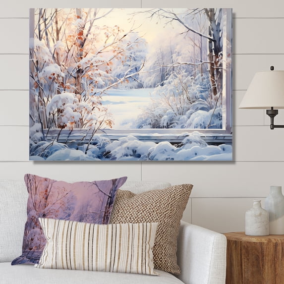 Designart "Winter River View from Window III" Extra Large Landscapes Wall Art - Traditional White Winter Landscape Entryway Wall Art Print