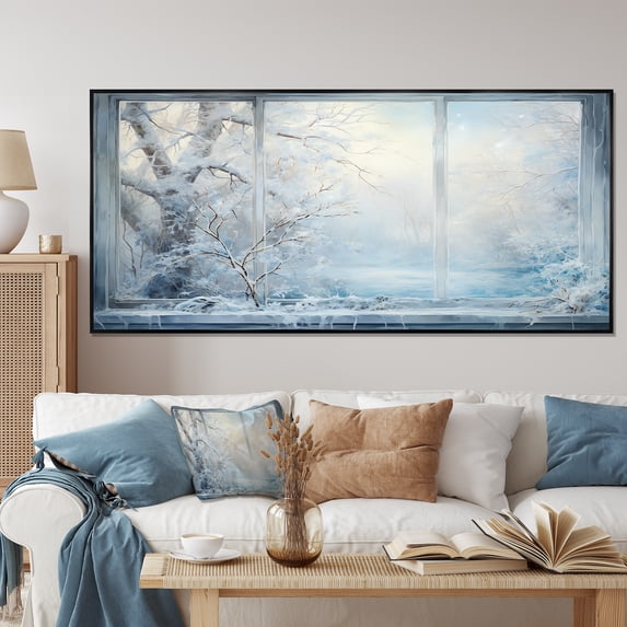 Designart "Winter River View from Window IV" Extra Large Landscapes Framed Wall Art - Traditional White Winter Landscape Entryway Framed Wall Art