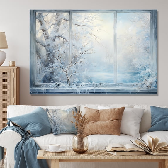 Designart "Winter River View from Window IV" Oversized Landscapes Wall Art - Traditional White Winter Landscape Entryway Wall Art