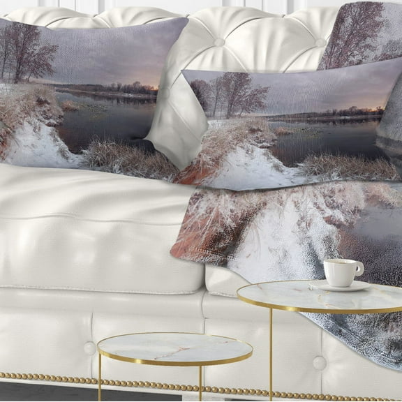 Designart Winter River in Dark Morning - Seashore Wall Throw Pillow - 12x20