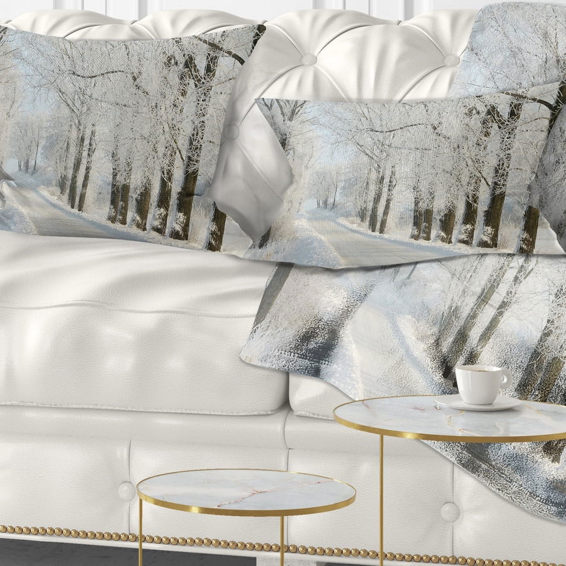 Designart Winter Rural Road Among Frosted Trees - Forest Throw Pillow - 12x20
