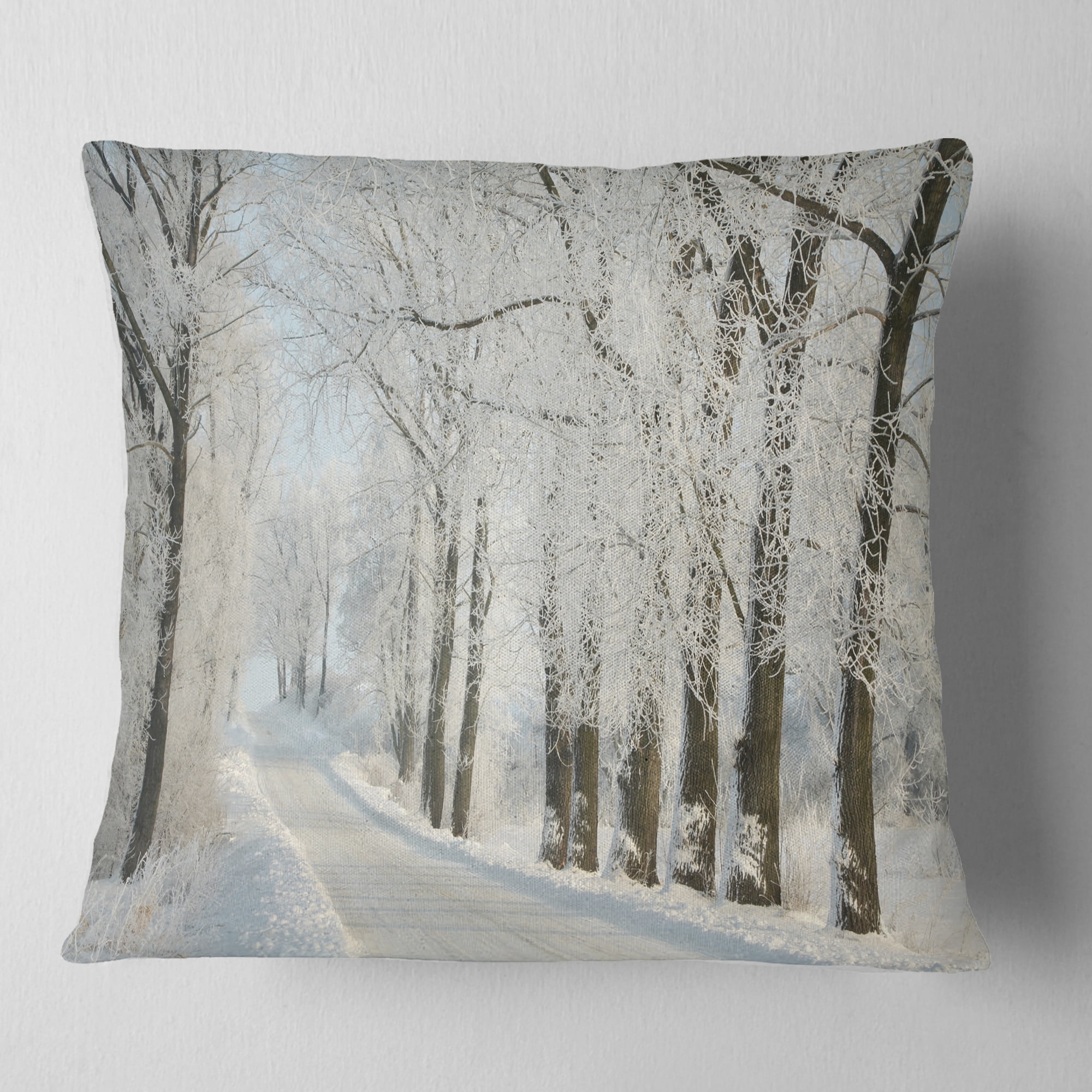 Designart Winter Rural Road Among Frosted Trees - Forest Throw Pillow - 16x16