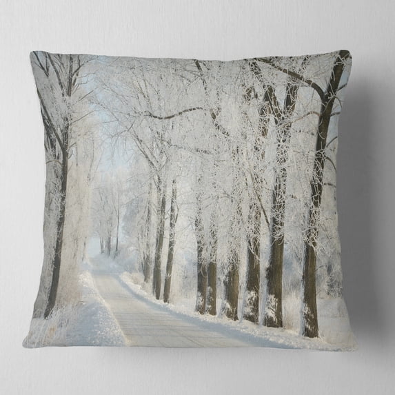 Designart Winter Rural Road Among Frosted Trees - Forest Throw Pillow - 18x18