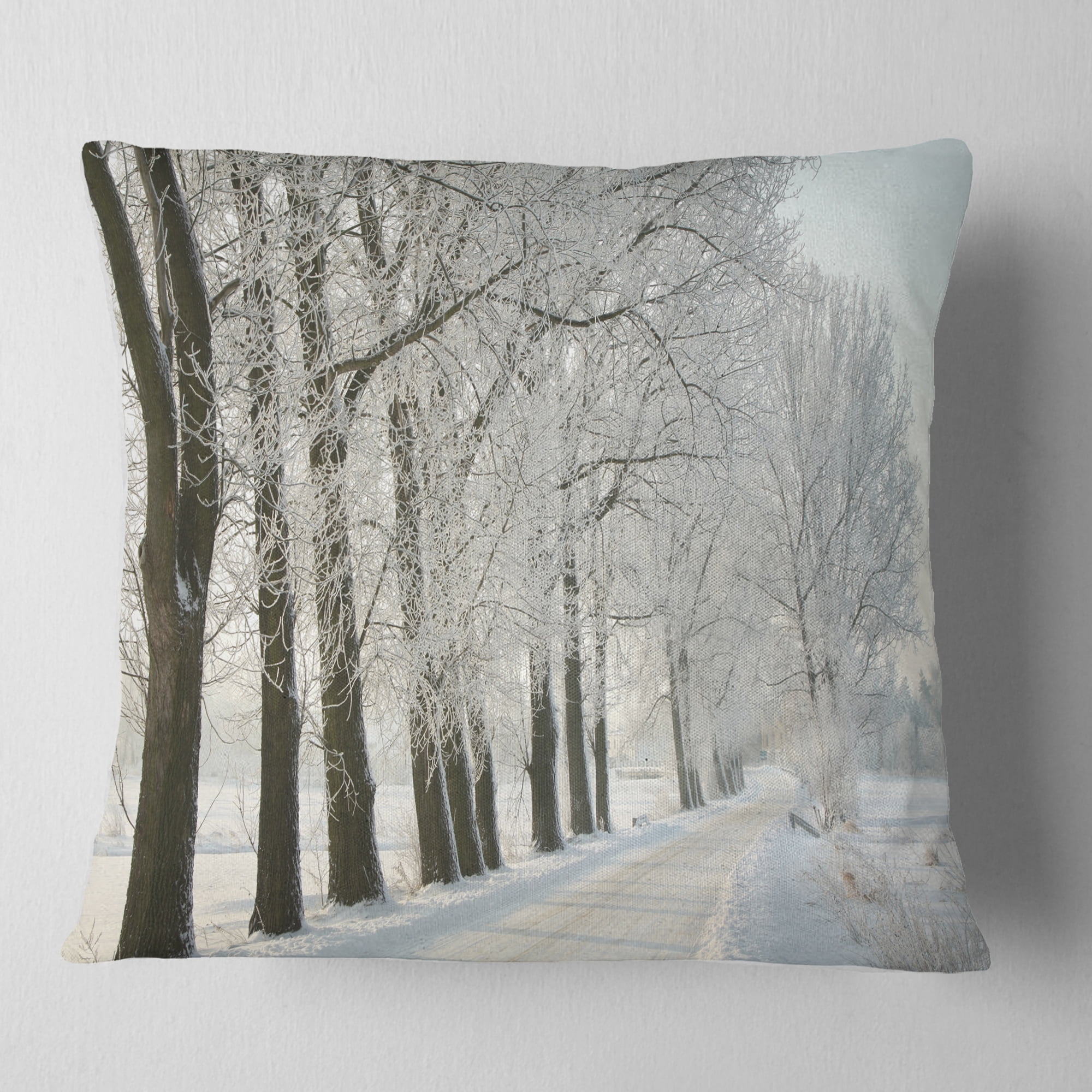 Designart Winter Rural Road at Sunrise - Forest Throw Pillow - 18x18