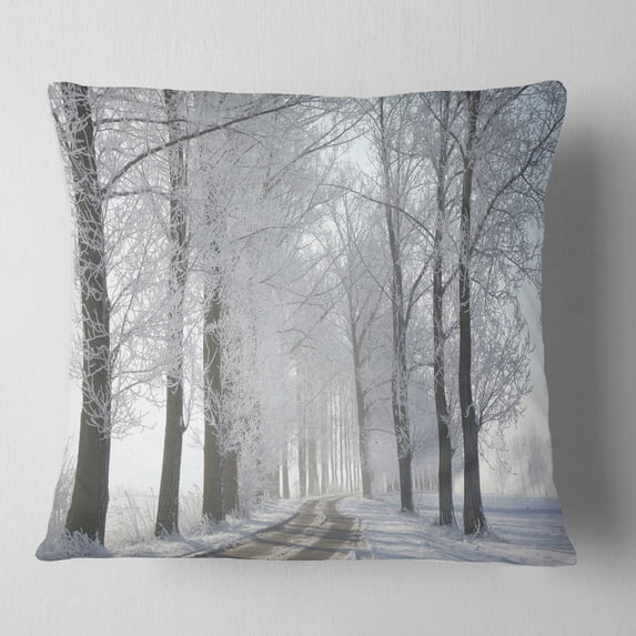 Designart Winter Rural Road in the Morning - Forest Throw Pillow - 16x16